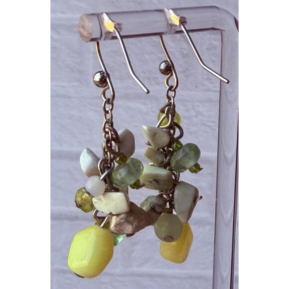 Y2K Chico’s Natural Stone Cluster Dangle Earrings Green Ivory Yellow Drop NOS - Picture 16 of 16